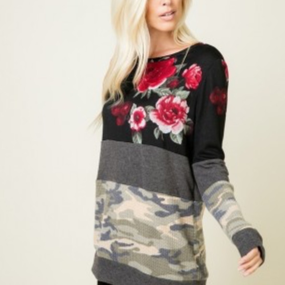 a.gain Top Floral and Camouflage Long Sleeve Waffle Top Sz 2X NWT Local Boutique